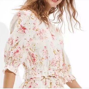 American Eagle Cotton Linen Blend Floral Eyelet Cropped Puff Sleeve Blouse Large